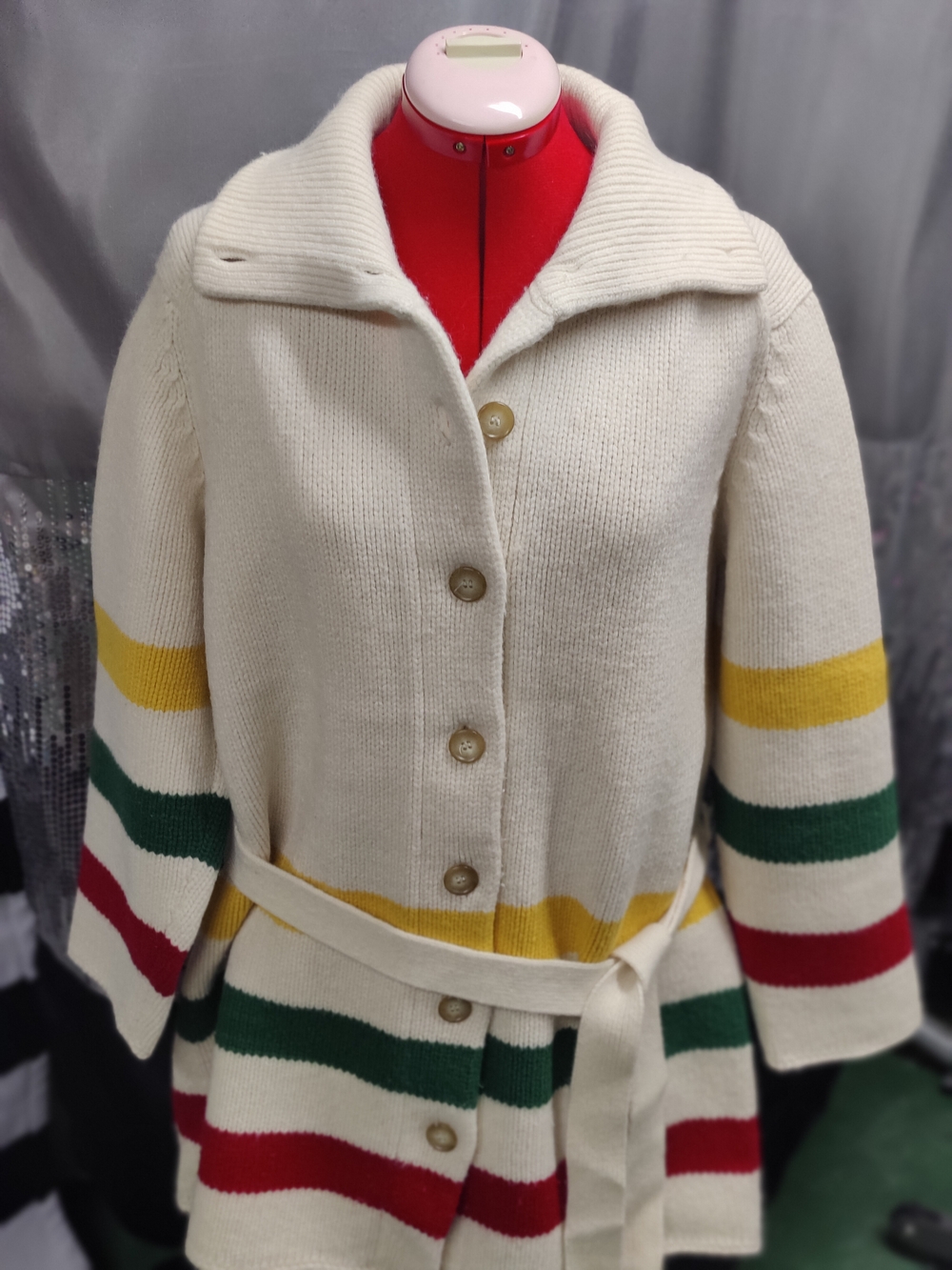 Liz Claiborne Cream Knit Cardigan Coat with Yellow, Green & Red Stripes Sz XL